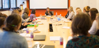 Jill Ward, HubSpot's new board member, meeting with employees on Tuesday. Photo provided by HubSpot.