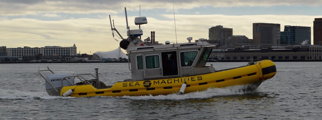 Caption: One of Sea Machines' autonomous boats in Boston Harbor in early November. Photo by Dylan Martin.