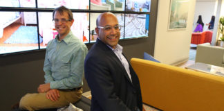 Image caption: Steve Conine, left, and Niraj Shah CEO's and Co-Founders of Wayfair, right. (Photo by Jonathan Wiggs/The Boston Globe via Getty Images)